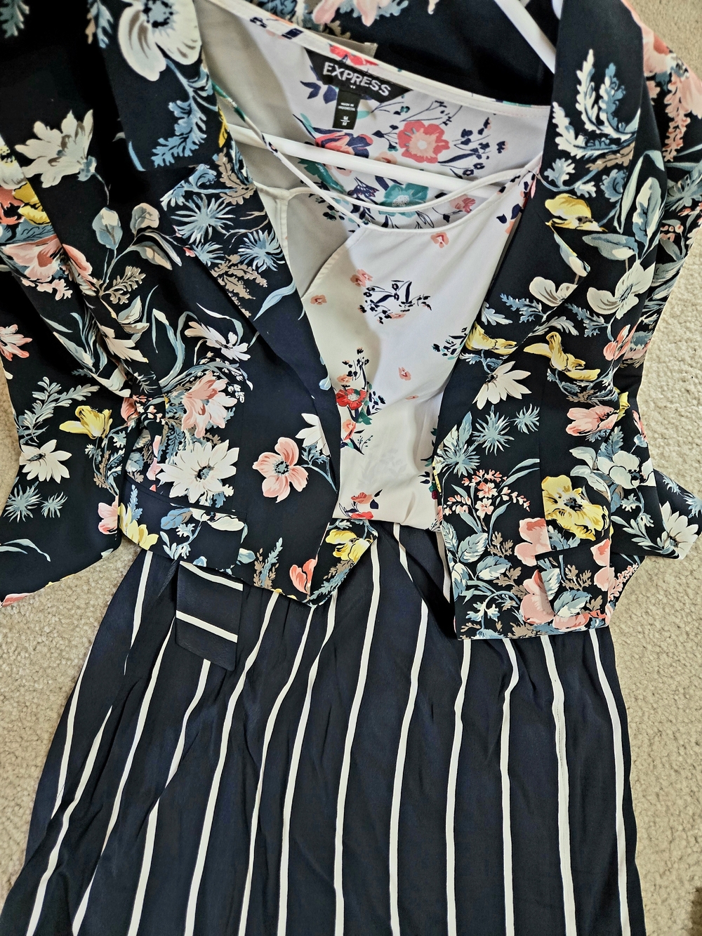 Express & Loft Floral Blazer and Striped Dress Set - Black with Pastel Florals